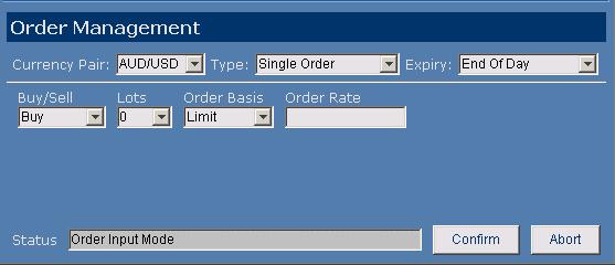 Leaving an Order For a single order To place an order, complete the appropriate sections: Currency Pair: chose a currency pair from the drop down list Type: Single or One Cancels the Other (OCO)