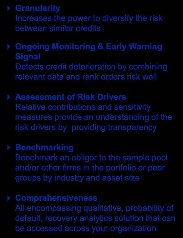 Credit Risk Management Best Practices Granularity Increases the power to diversify the risk between similar credits Ongoing Monitoring & Early Warning Signal Detects credit deterioration by