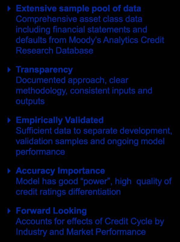 s Analytics Credit Research Database Transparency Documented approach, clear methodology, consistent inputs and outputs Empirically Validated Sufficient data to separate development, validation