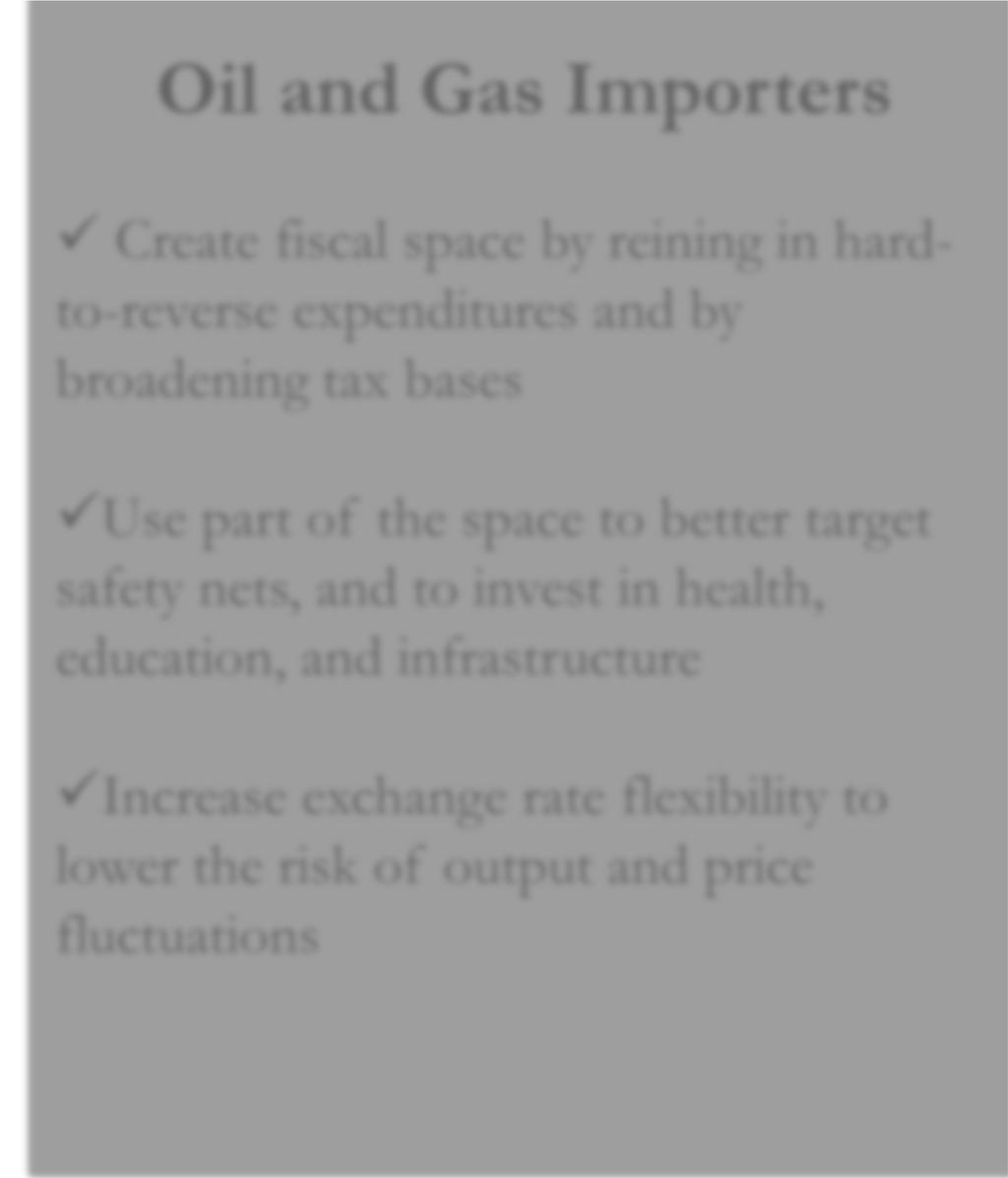 Summary of near-term priorities Oil and Gas Exporters Delink spending decisions from short-term fluctuations in oil prices, in particular save in good times Preserve oil wealth for future generation