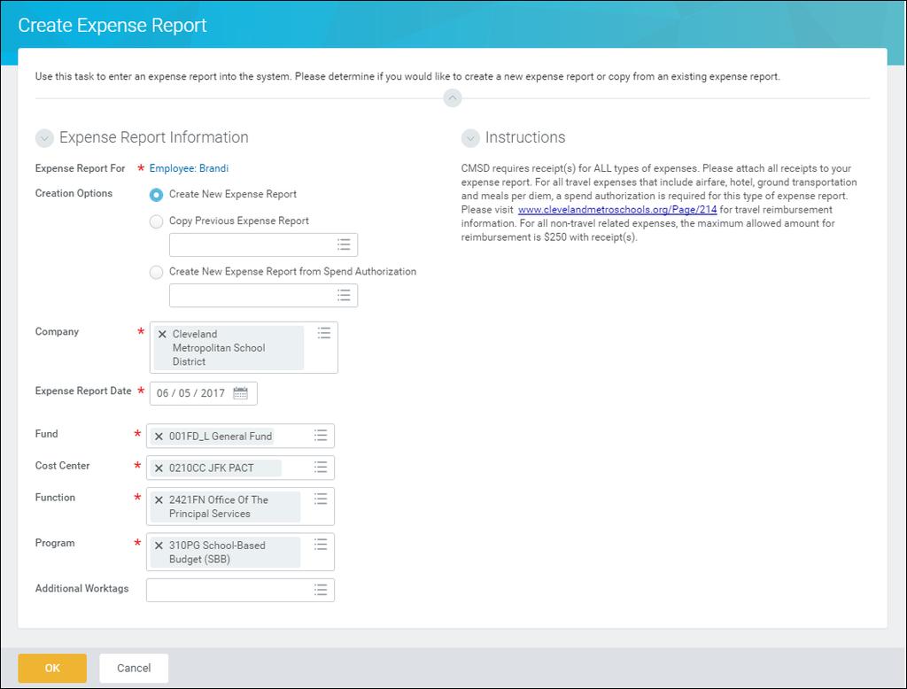 Create Expense Report 1. Select the Create New Expense Report from Spend Authorization radio button. 2.