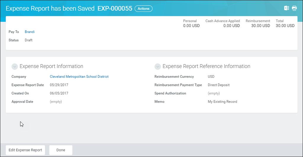 Expense Report has been Saved 15. The system confirms the Expense Report has been saved.