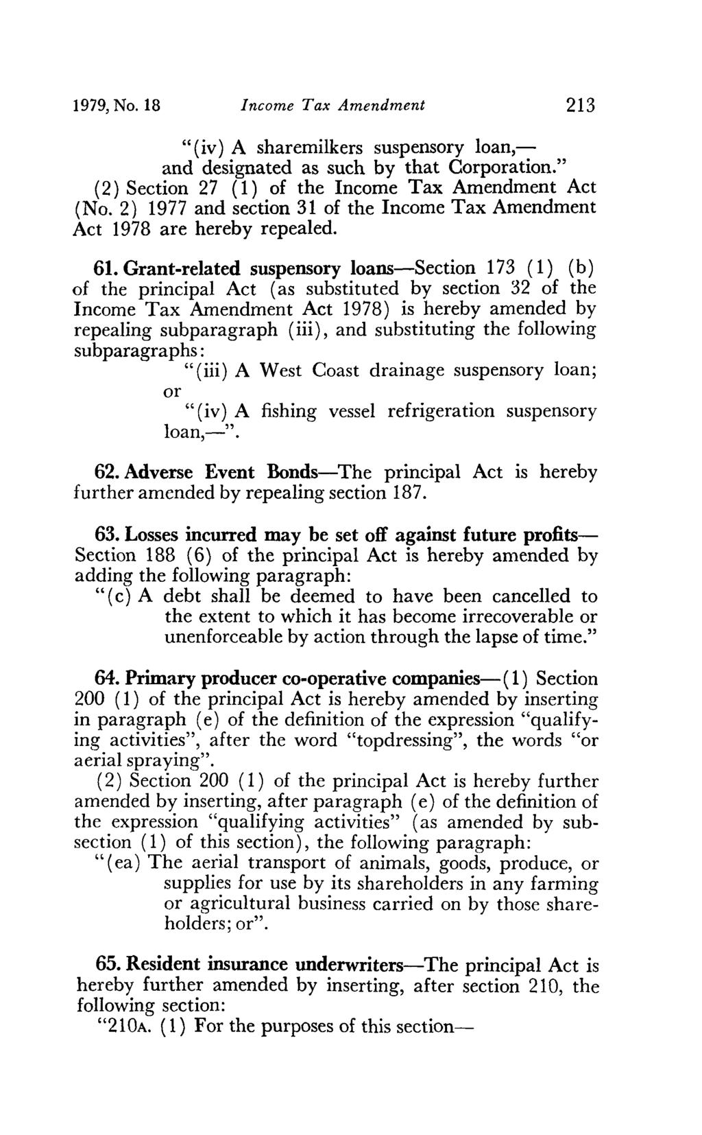 1979, No. 18 Income Tax Amendment 213 " (iv) A sharemilkers suspensory loan, and designated as such by that Corporation." (2) Section 27 (1) of the Income Tax Amendment Act (No.