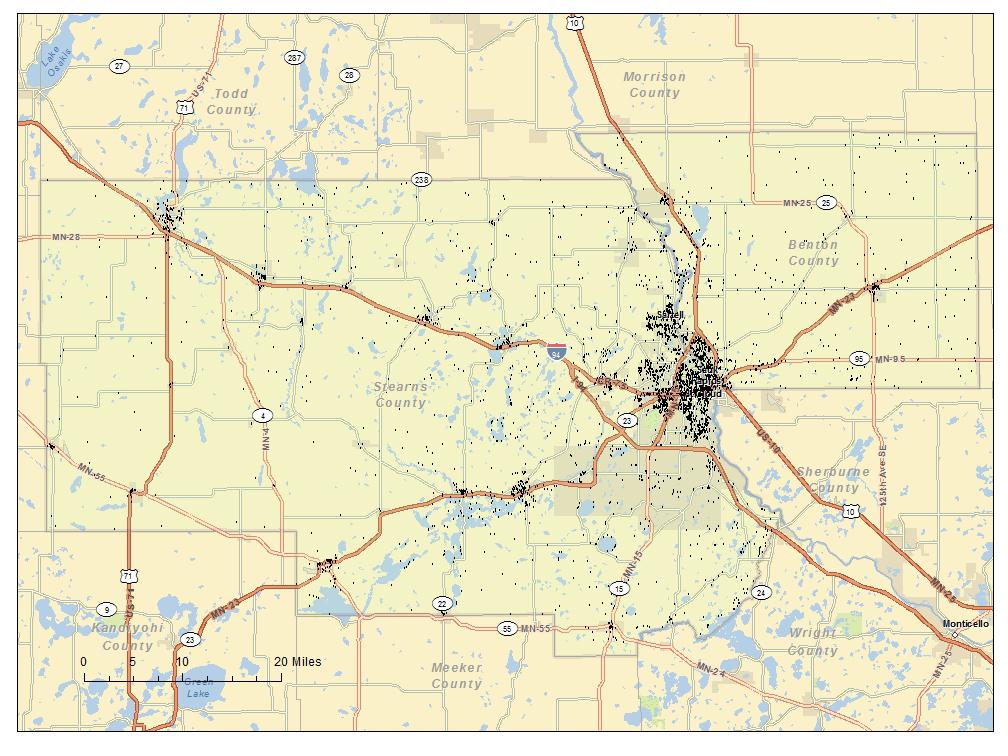 Business Filings The two maps below attempt to highlight new business formation in the St. Cloud Metropolitan Statistical Area (MSA) in two periods: 2000 2004 (quarter 3) and 2010 (quarter 3).