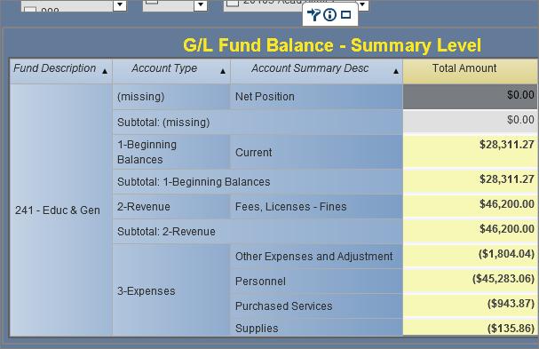 Report Results G/L Fund Balance - Summary Level tab If