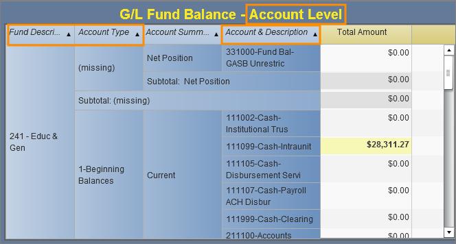 G/L Fund Balance Account Level (A) Tab If you chose the Account Level (A) tab, review the balances.