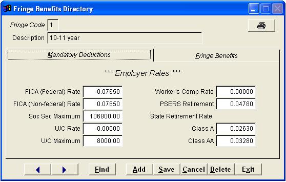 Employer Share of Benefits Mandatory Benefits Payroll-related expenses are part of the FRINGE BENEFITS directory and are shown on the Mandatory Deductions tab.