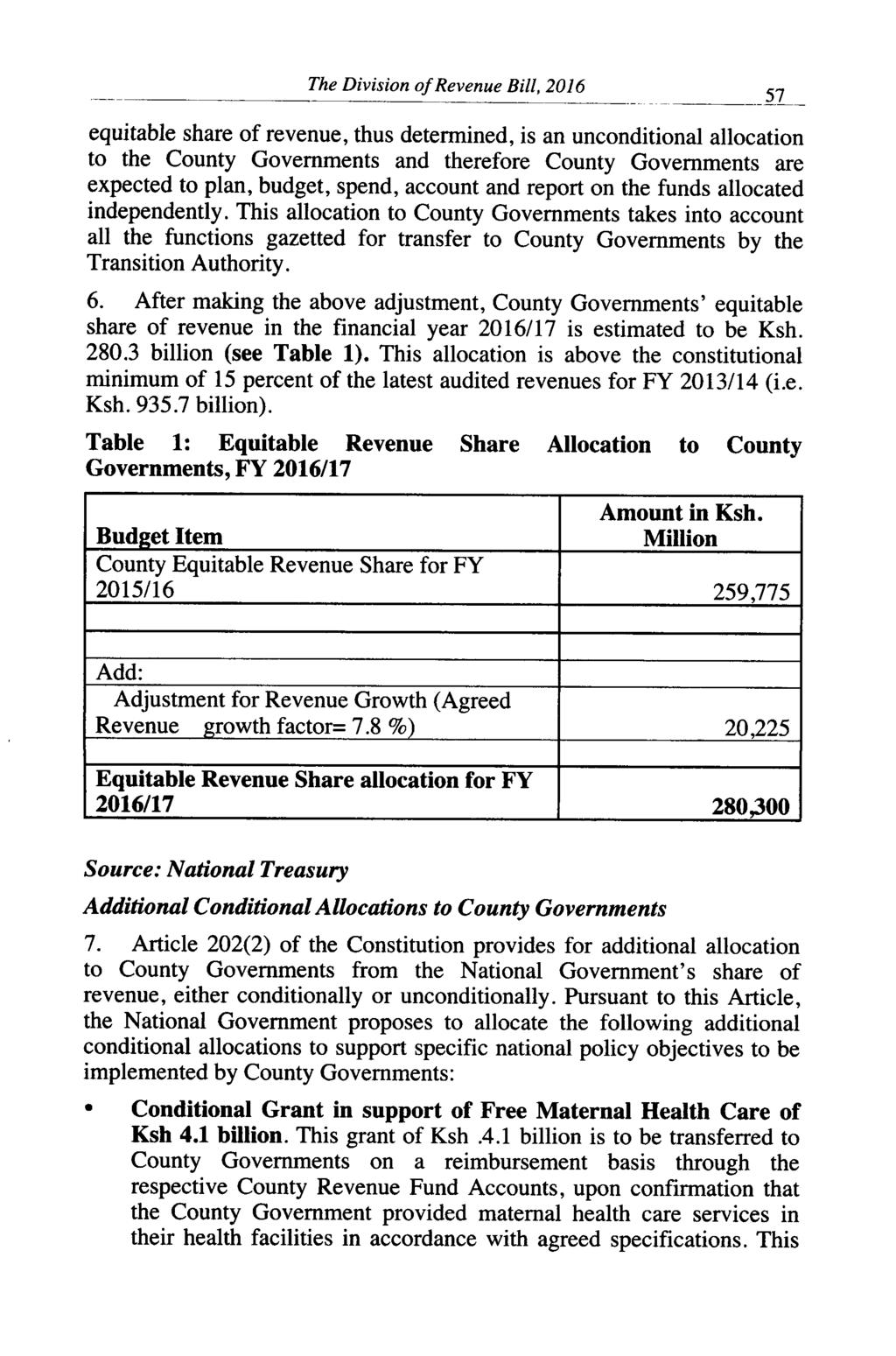 I------- The Division of Revenue Bill, 2016 equitable share of revenue, thus determined, is an unconditional allocation to the County Governments and therefore County Governments are expected to