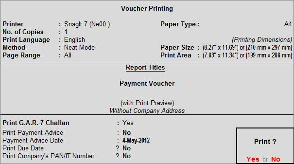 Excise Transactions The completed Payment Voucher is displayed as shown 10.Press Enter to save. Figure 4.48 Completed Payment Voucher Printing G.A.R.