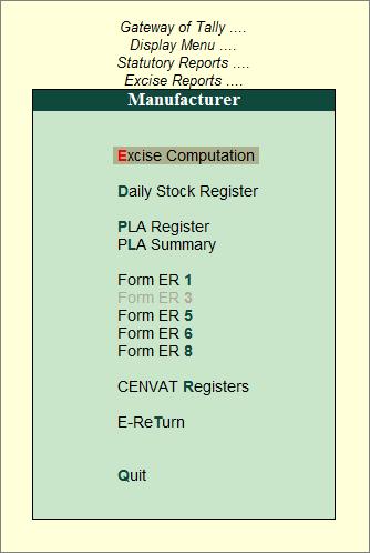 Lesson 5: Excise Reports Lesson Objectives On completion of this lesson, you will learn to View Excise Computation View Daily stock Register View PLA Register and PLA Summary Generate Form ER 1, ER