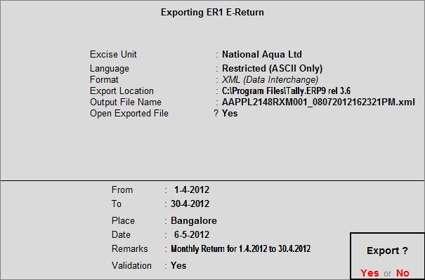 Excise Reports The completed Exporting ER1 E-Return is displayed as shown Press