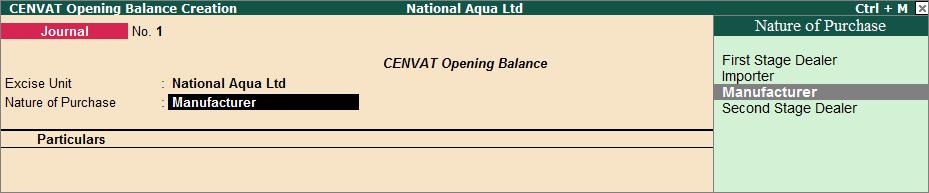 Excise Opening Balances To account the CENVAT Credit Opening Balance Go to Gateway of Tally > Inventory Info. > Update Excise Info. > CENVAT Opening Balance 1.