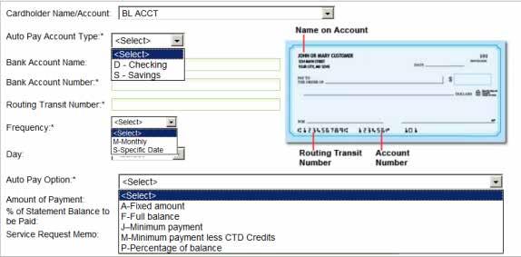 3. Select the Cardholder Name/Account and Auto Pay Account Type. Enter the Bank Account Name, Bank Account Number and Routing Transit Number. Select the Auto Pay Option and Frequency, if applicable.