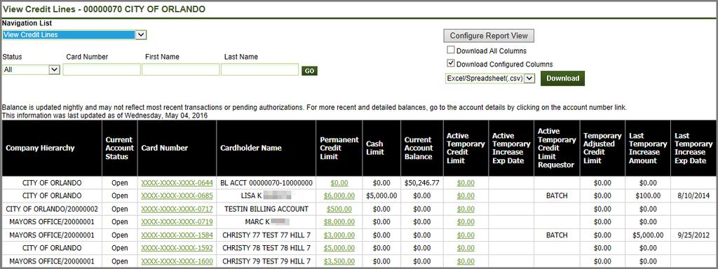 Generating a Report of Credit Lines 1. Select View Credit Lines from the Navigation List drop-down. 2.