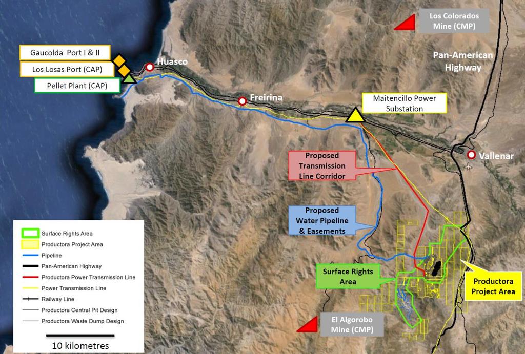 Figure 1. Location and existing infrastructure surrounding the Productora copper project, Region III Chile.