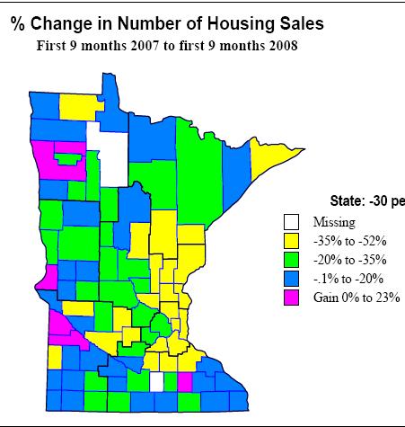 housing market slowed from 2007 to 2008 (sales = -30%) Sales rose in 2 of 14 counties: Lyon Co. = -16.2% (210 in 2007 to 176 in 2008) Sales prices went down in 8 of 14 counties Lyon Co. = +0.