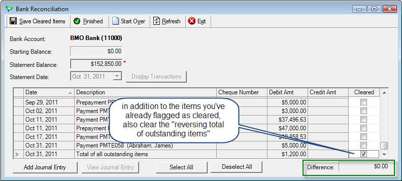 Competing the Reconciliation Once you ve entered the Outstanding Items, and the reversal item, you re able to go back and complete the bank reconciliation.