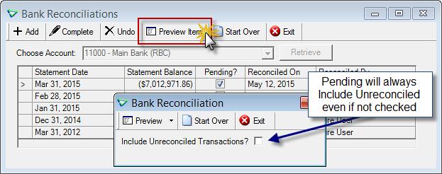 Reconciliation Reports There are two reports relevant to bank reconciliations. Bank Reconciliation report This is a list of the items that were cleared and optionally uncleared on this reconciliation.