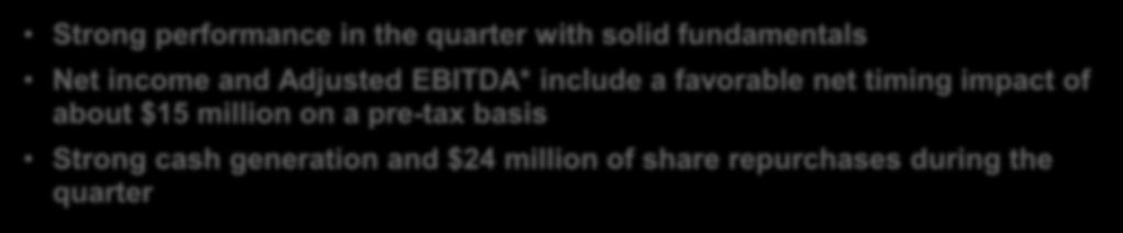 with solid fundamentals Net income and Adjusted EBITDA* include a favorable net timing impact of about $15 million on a pre-tax basis
