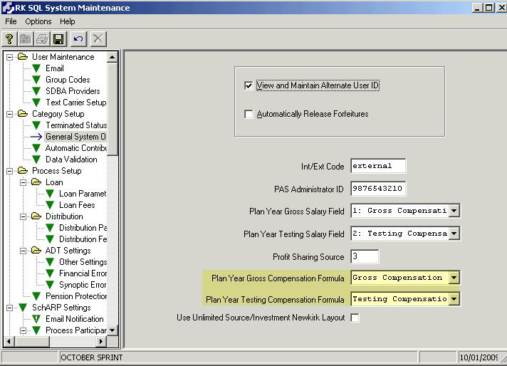 General System Options On the Category Setup > General System Options window, select the Plan Year Gross