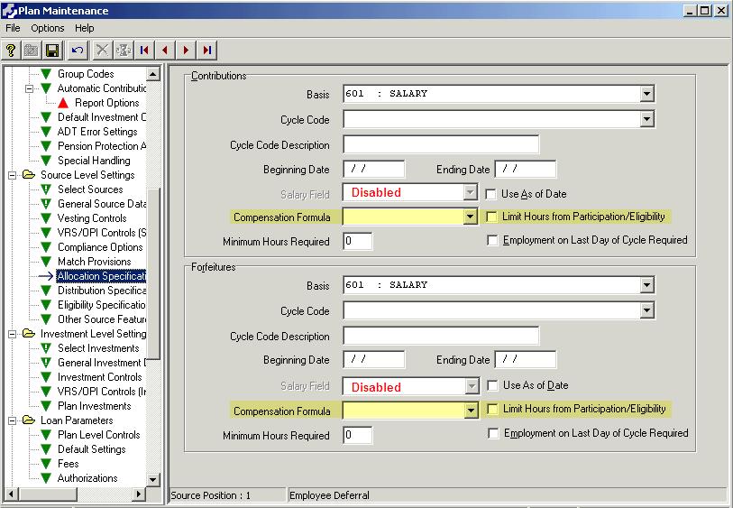 Allocations On the Source Level Settings > Allocation Specifications window, select the Compensation Formula to use for allocations (Contributions and Forfeitures).