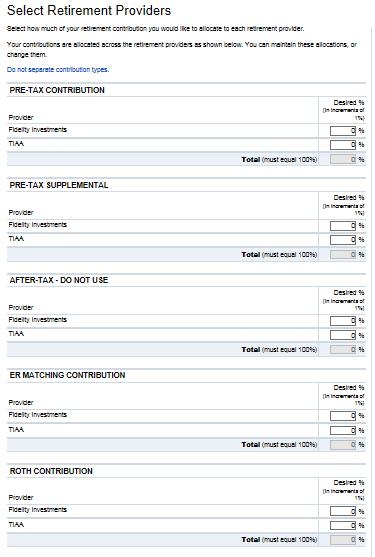 If you wish to direct your personal contributions to the Plan differently than contributions from USNH, click Make elections for each type of contribution separately as noted above with the arrow.