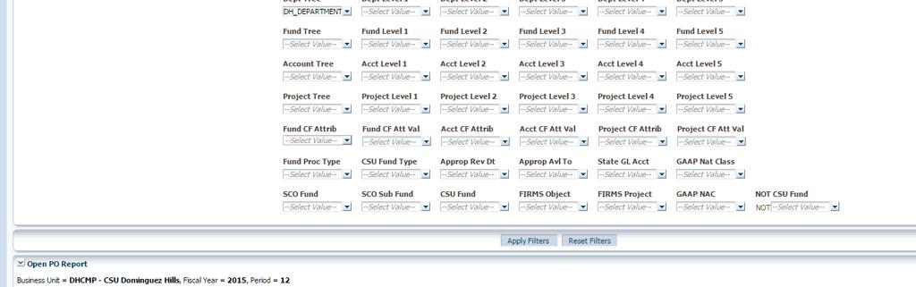 (NEW) Click on the Advanced Filters link to select the Dept Tree Name: DH_DEPARTMENT After selecting report filters, click Apply Filters to generate the report. 3. The following screen will appear.