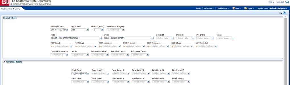 needed) Fund = User specific - Click on the down arrow to choose value(s) from available fields.