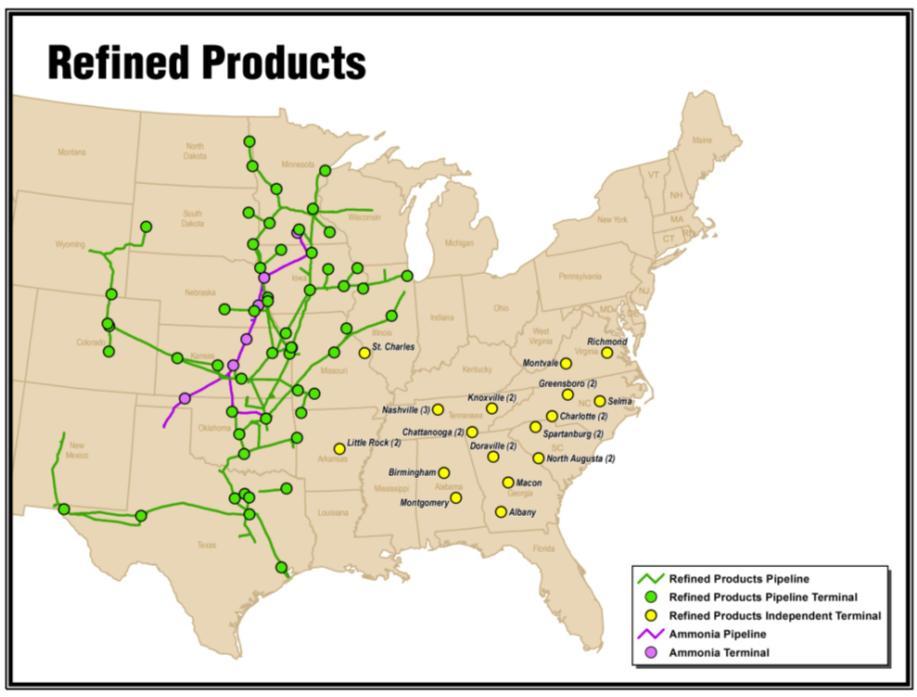 Refined Products Longest refined products pipeline system, primarily transporting gasoline and diesel fuel, with 9,500 miles, 54 terminals and 42mm barrels of storage Profit driven by throughput