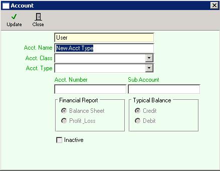 Account Setup Account setup parameters: 1. Key in a name for the account in the Acct Name field that best describes the purpose of the account 2. Select an account classification from the Acct.