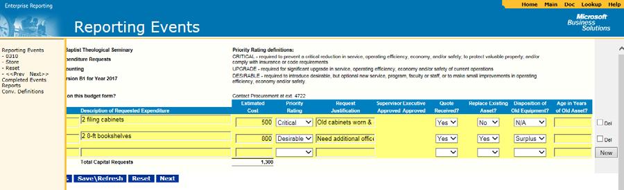 To add an additional capital expenditure request: Click on the New button located on the right side of the form.