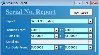 Chapter 9 Report (D) Serial Number Report - Check serial no report by listing and movement.