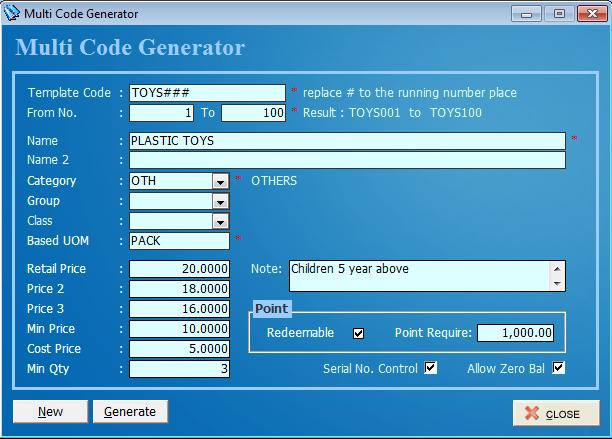 Chapter 10 House Keeping (B) Other Function B.1 Multi Code Generator - Generate code by running number.