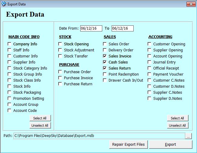 Chapter 10 House Keeping (E) Export Data - Export data to HQ or Branch.