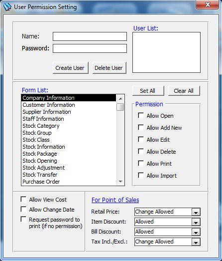Chapter 10 House Keeping Show user list Click to create new Delete User Setting To set all