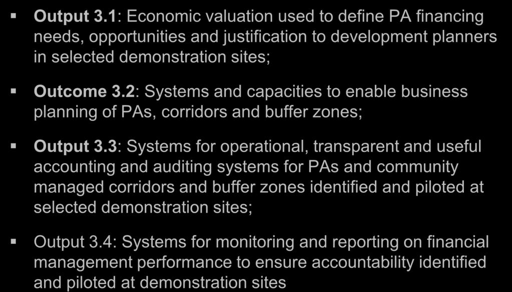 2: Systems and capacities to enable business planning of PAs, corridors and buffer zones; Output 3.