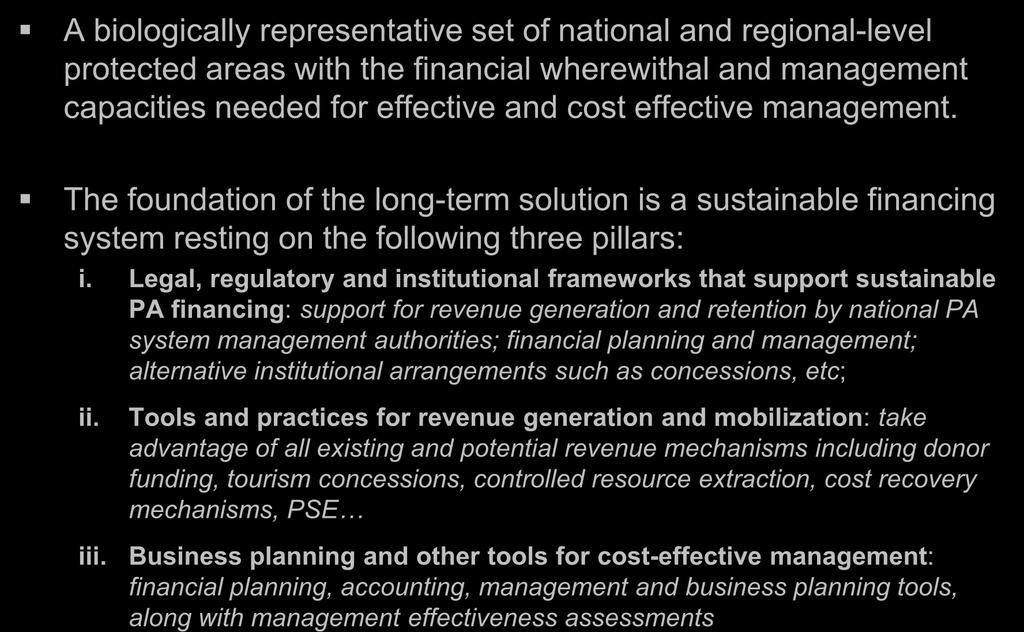 Long-term solution A biologically representative set of national and regional-level protected areas with the financial wherewithal and management capacities needed for effective and cost effective