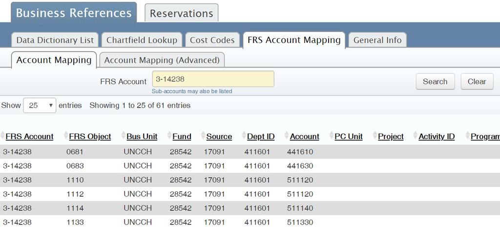 Looking Up Chartfields & FRS Account Mapping Tools > Business References> FRS Account Mapping > Account Mapping tab translates FRS Account to