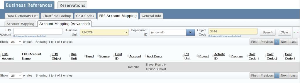 Looking Up Chartfields& FRS Account Mapping Tools > Business References > FRS Account Mapping > Account