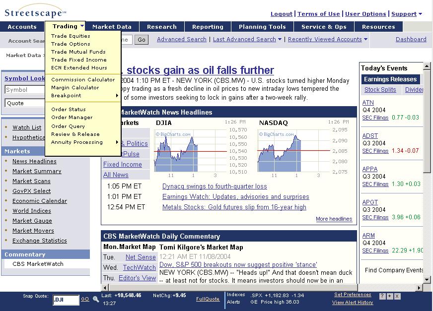 Streetscape Accessing Trading Functions To access trading functions: On the main Streetscape window, click the Trading tab. The Trading menu displays.