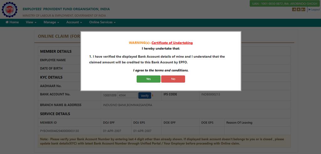 Click Yes to proceed If your Bank & IFSC is Correct Click
