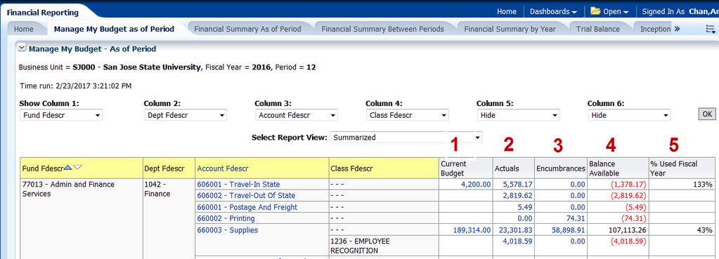 Step 4: Results a: Summarized Report View In a Summarized Report View for a Manage My Budget as of Period page, there are four columns that display budget, expense, purchase order encumbrances, and