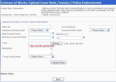 2) In panel Upload Cover Note / Invoice / Policy Endorsement, key in