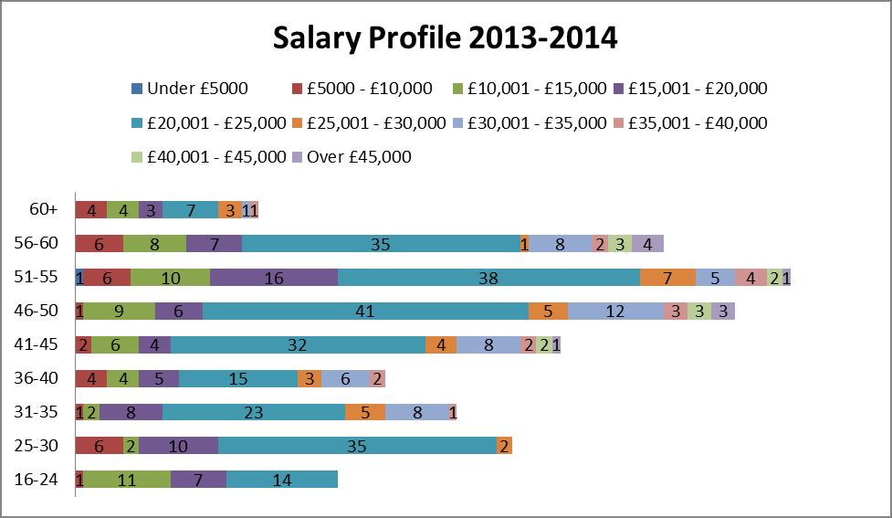 SALARY PROFILE: AGE ANALYSIS Figure 5 below shows salaries by age of all employees including Grades 1-9, Craft Operatives and those on Hay Grades for 2013-2014 and Figure 6 shows this for 2012 2013