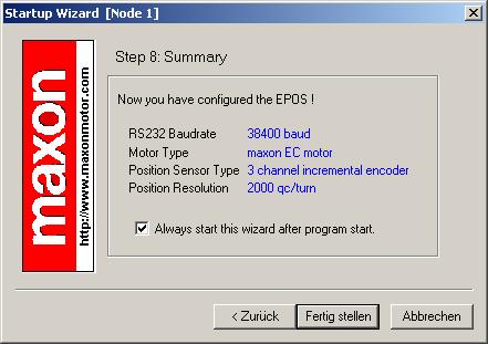 EPOS Positioning Controller EPOS 24/1 Getting Started 10. Startup Wizard Step 8 for EC motors: Summary a) A short summary of the most important configuration values is displayed in this window.