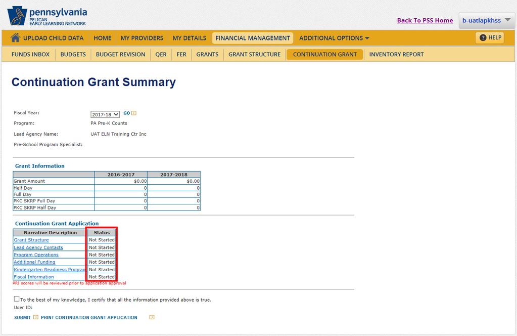 The Continuation Grant Summary page is displayed with additional sections displayed when the grant is found for the Fiscal Year and/or Program selected.
