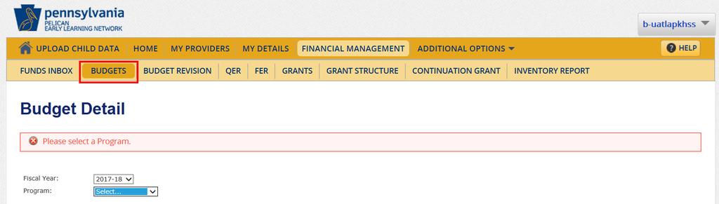 Figure 33 Funds Inbox No Data Found 2. The grantee starts the budgeting process. Click [Budgets]. Figure 34 Budget Detail page a.