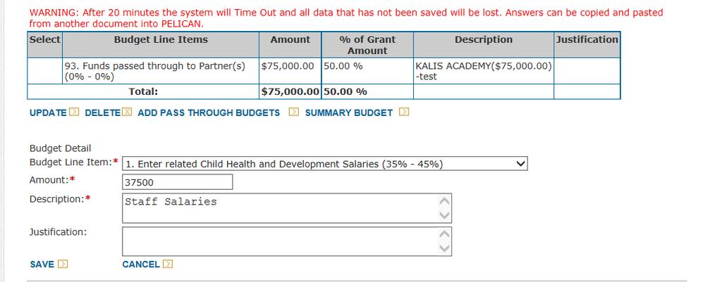 Figure 39 Budget Detail page - Adding line items If there is incorrect or
