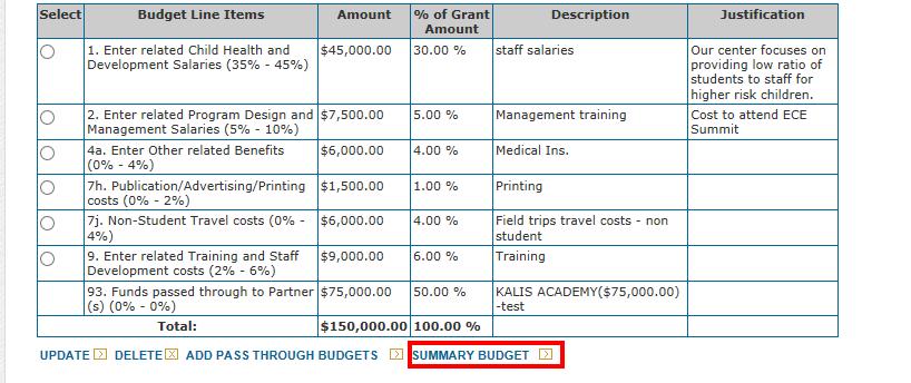15. To review and print the Summary Budget from the Budget Detail page, click [SUMMARY BUDGET] at the bottom of the screen as shown below. Figure 47 Budget Detail - View Summary Budget 16.