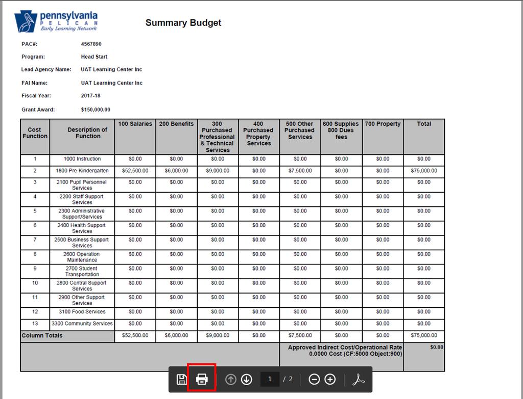 17. A printable PDF Summary Budget page may open in a new browser window or a new tab.